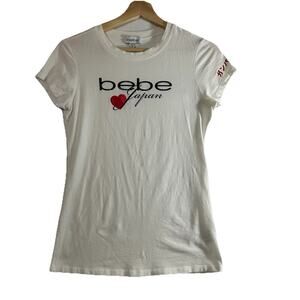 Vtg Y2K Bebe Japan T Shirt Womens Medium White USA Rhinestones Shimmer Logo